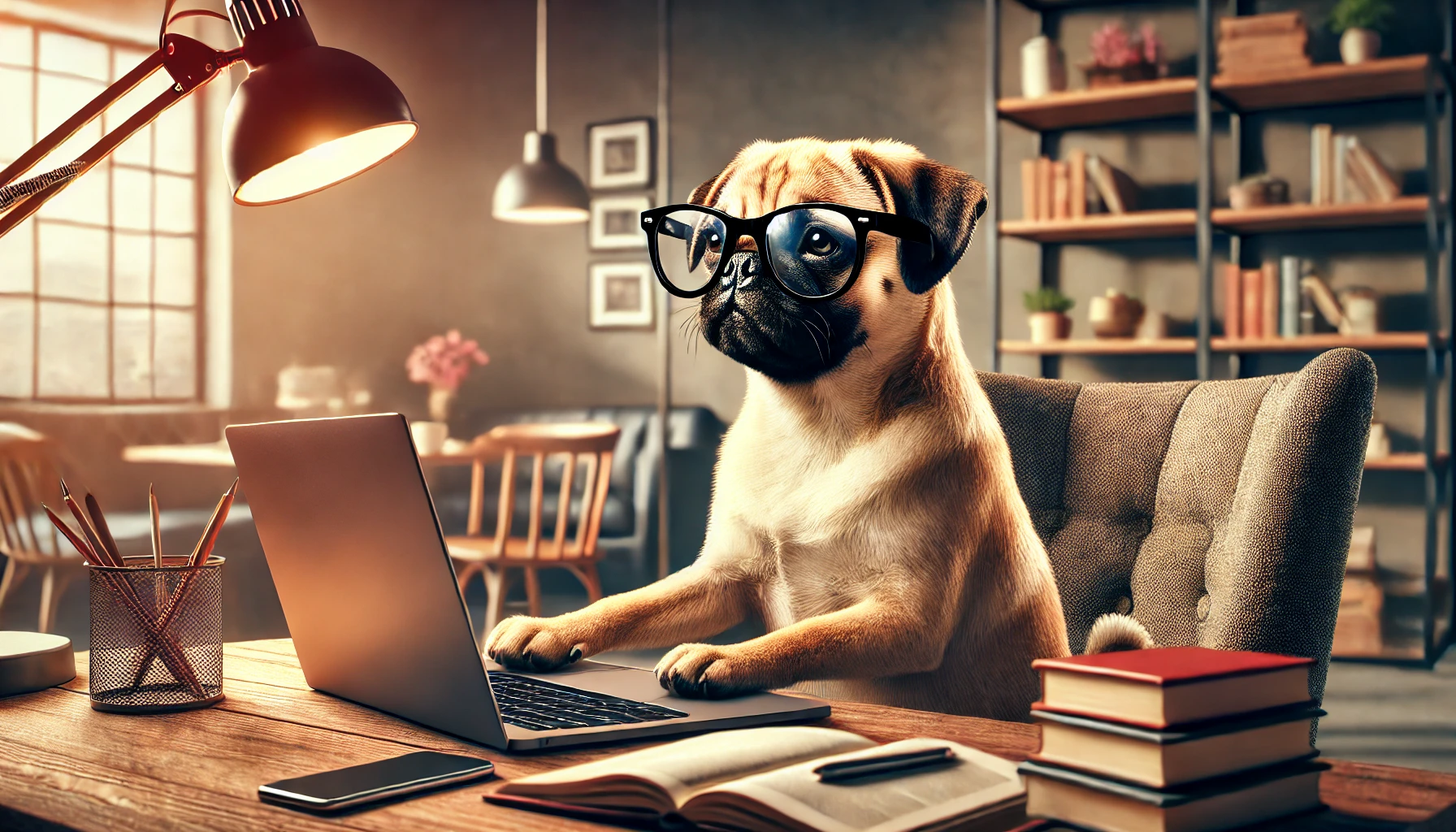 DALL·E 2024-09-10 15.35.11 - A high-quality illustration of a smart pug dog sitting on the left side of the image, focused and working on a laptop. The pug wears glasses, giving a